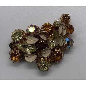 Vintage Signed Made in Austria Gold Tone Metal Brushed Enamel Rhinestone Brooch